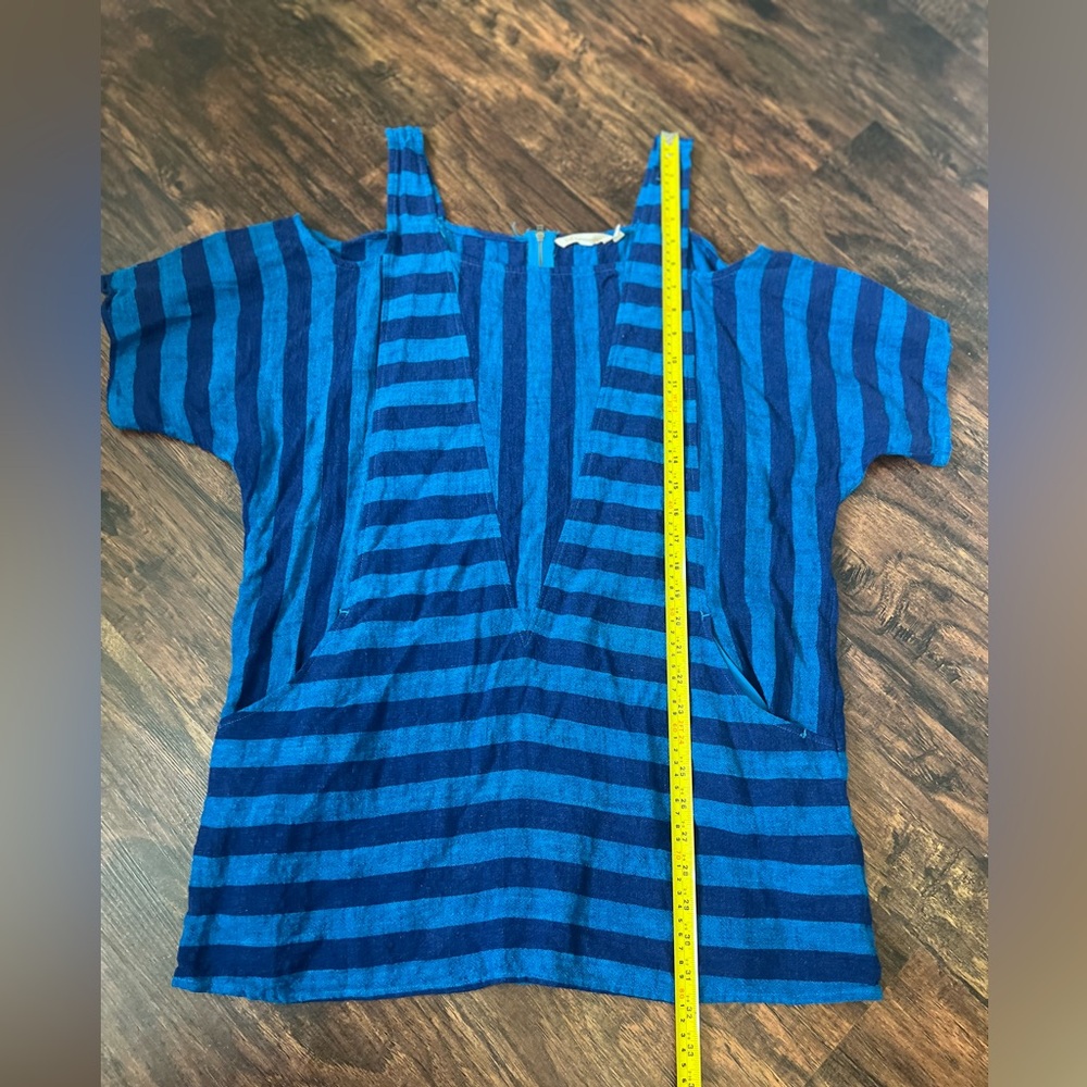 Soft Surroundings Linen Blend Blue Stripe Tunic Top Cold Shoulder Sz M Boho Chic - Picture 10 of 12